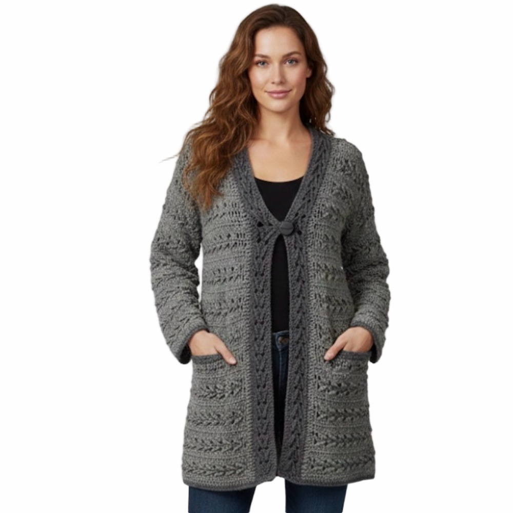 Hand Made On Iona Gray Warm Women Knit Crochet Sweater Cardigan 100% Wool